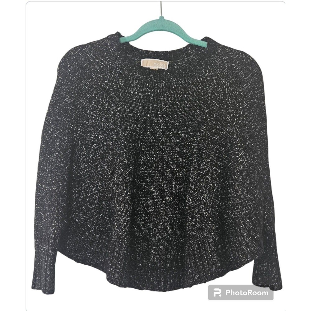 MICHAEL KORS Black & Metallic Gold BATWING Knit CREW Cape Poncho SWEATER/Size S